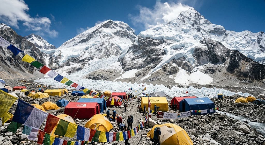 Everest Base Camp campsite with prayer flags and Khumbu Icefall