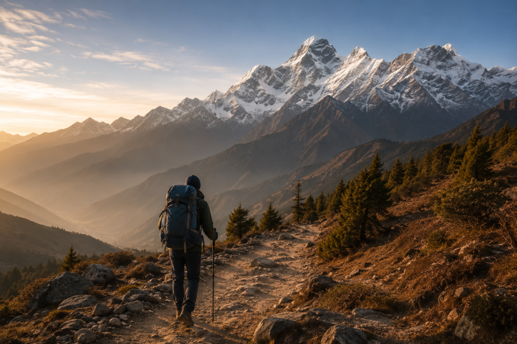 Solo travel in Nepal — solo trekker on Himalayan mountain trail