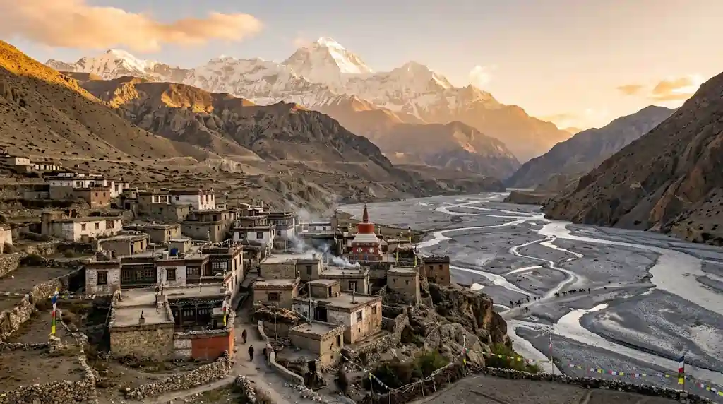 High-end travel photography of Kagbeni village in Nepal during golden hour, featuring flat-roofed traditional stone houses, a red Buddhist stupa with prayer flags, a winding braided riverbed, and massive snow-capped mountain peaks under a warm evening sky.