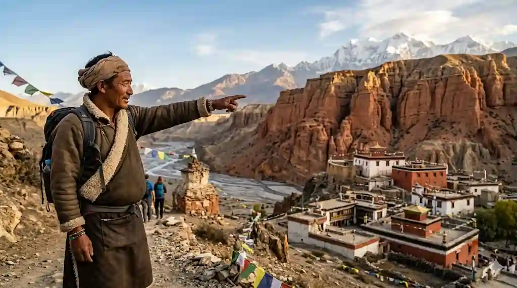 A professional local Himalayan guide pointing towards majestic red clay cliffs and ancient Tibetan-style monasteries of Upper Mustang, Nepal