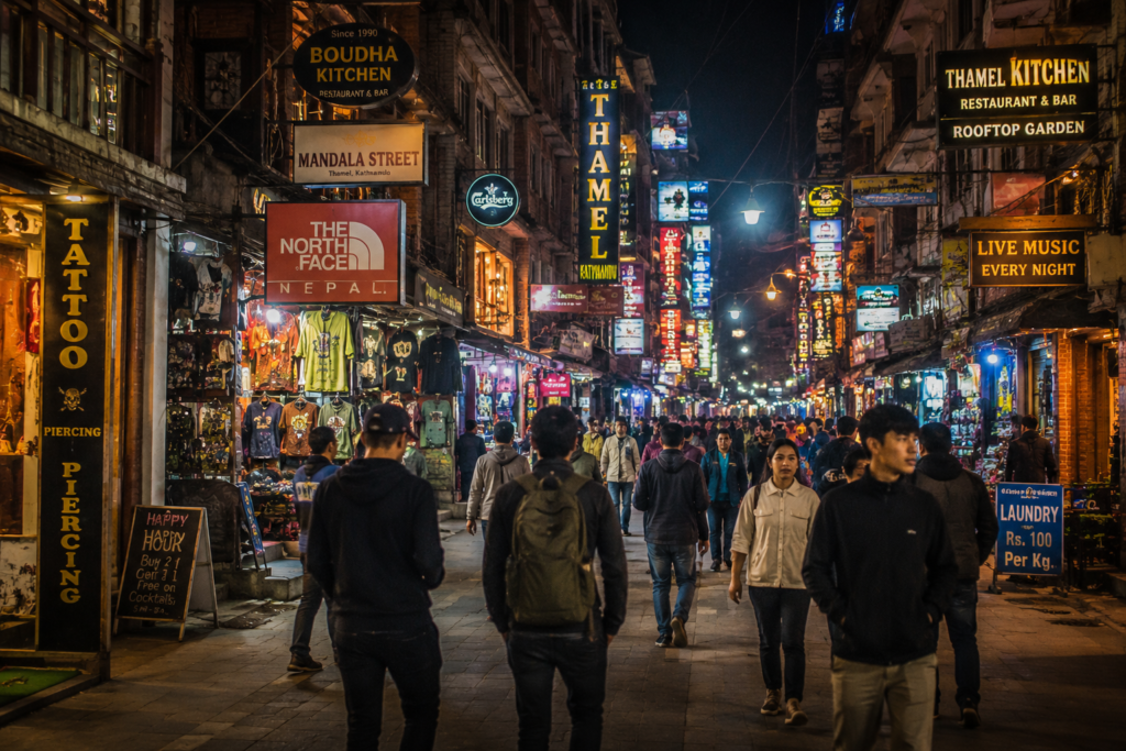 Thamel Kathmandu solo backpacker hub at night - solo travel safety tips