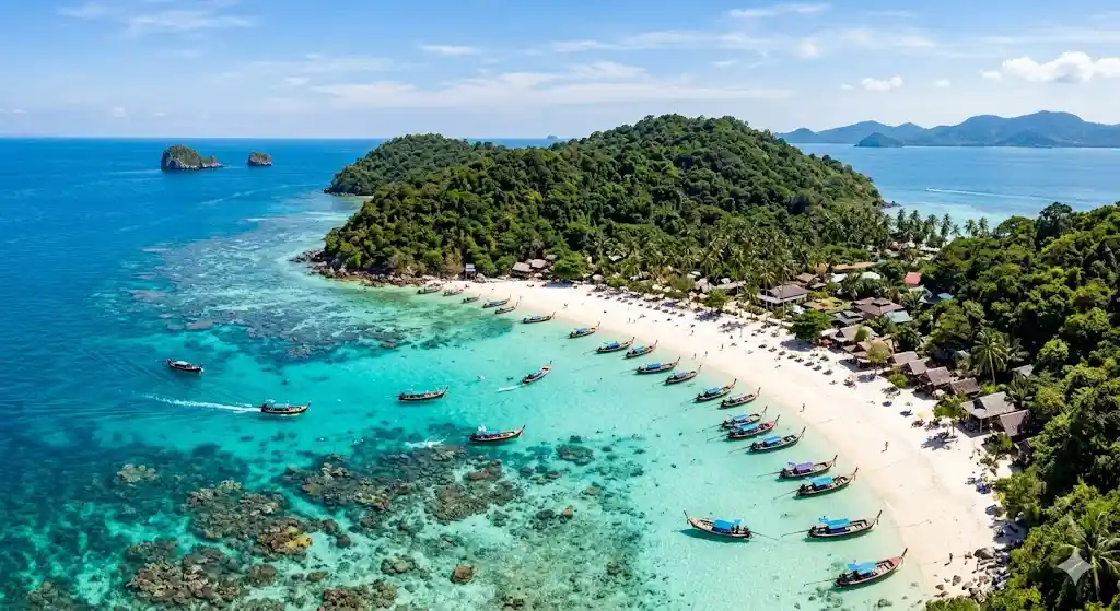Aerial view of a tropical beach in Thailand, featuring clear blue waters and several boats anchored near the shore.