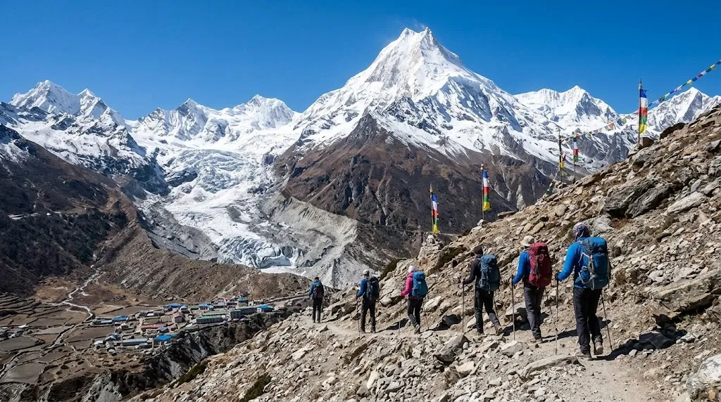 Trekkers hiking near Manaslu Glacier during the Manaslu Circuit Trek itinerary