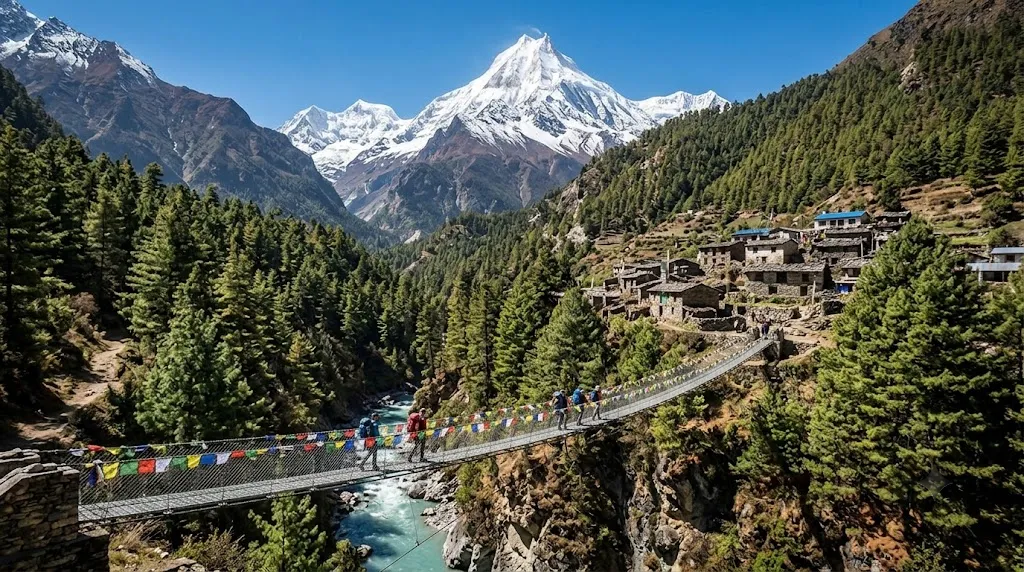 Trekkers walking on the Manaslu Circuit Trek trail through forests and suspension bridges