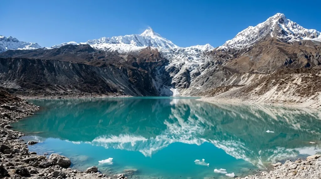 Beautiful Birendra Lake near Manaslu Base Camp during the Manaslu Circuit Trek
