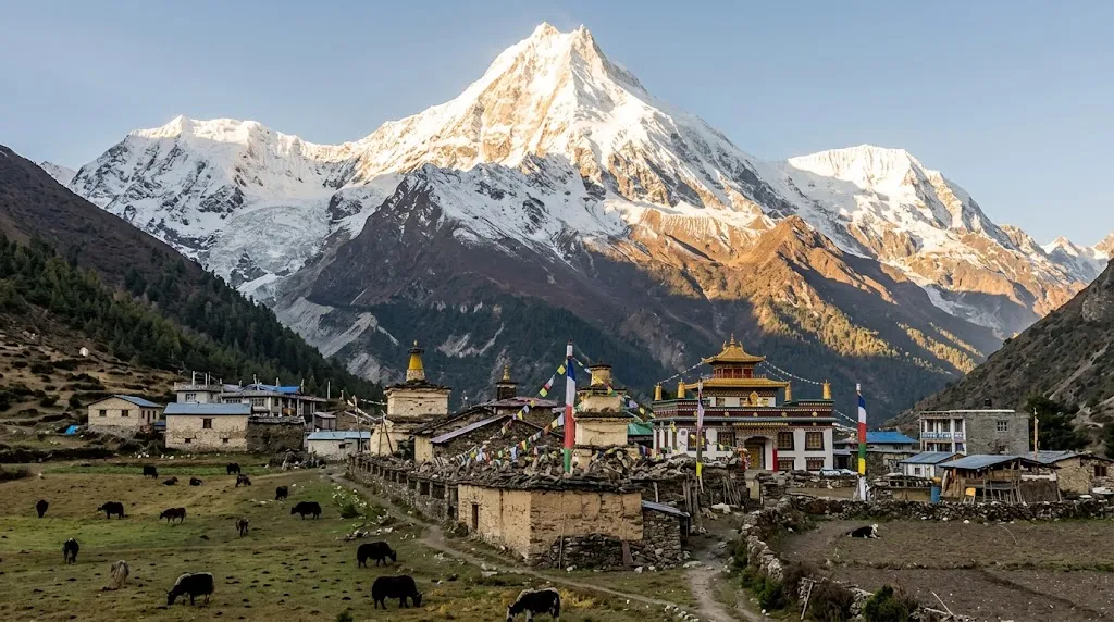 Samagaon village on the Manaslu Circuit Trek with Mount Manaslu in the background