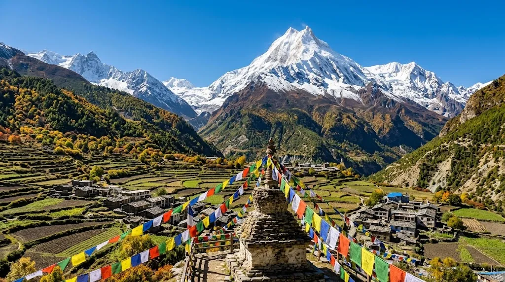 Manaslu Circuit Trek with panoramic view of Mount Manaslu and Himalayan peaks in Nepal