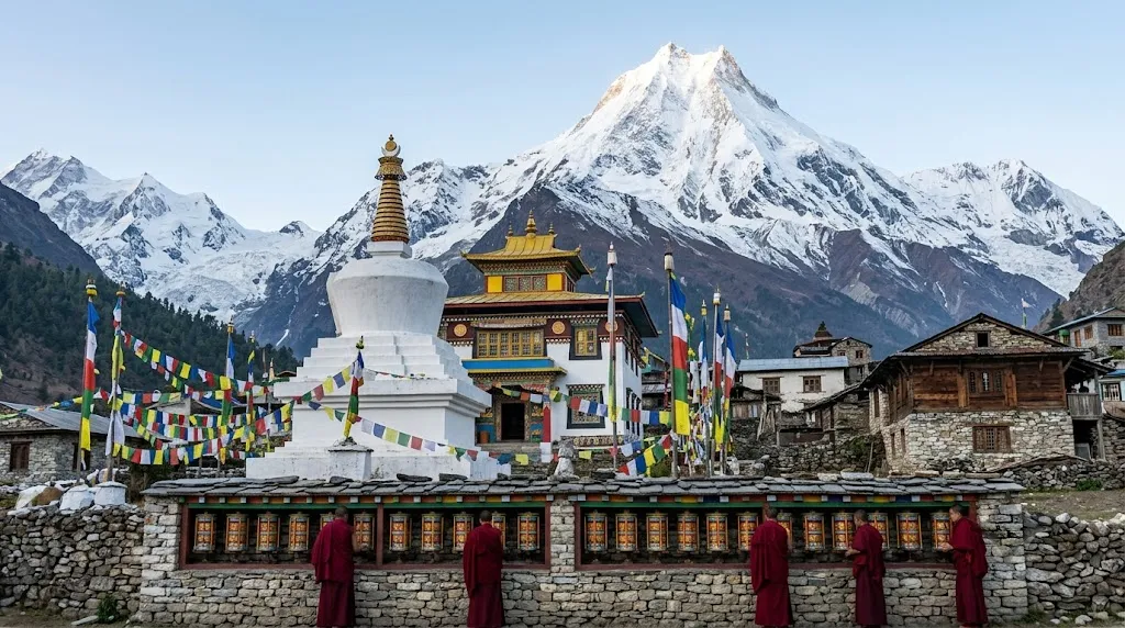 Ancient Buddhist monastery in Lho village along the Manaslu trekking route