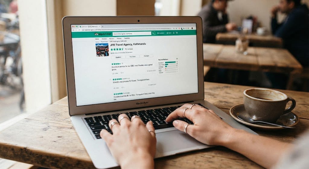 checking reviews before booking a travel agency in Nepa