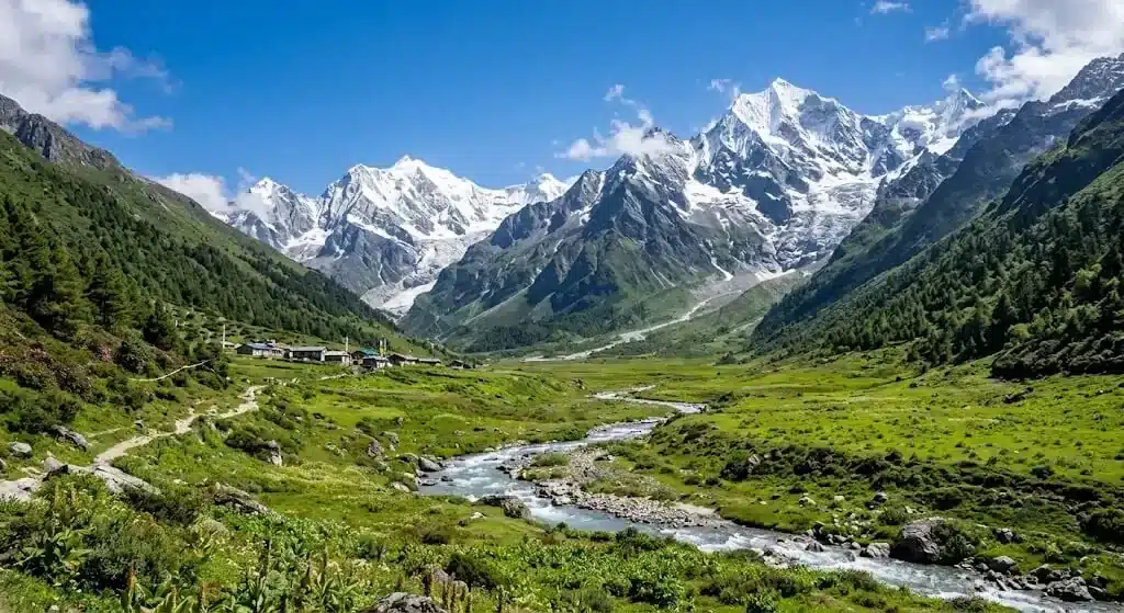 Panoramic view of Langtang Valley Trek with snow-covered Himalayan mountains in Nepal