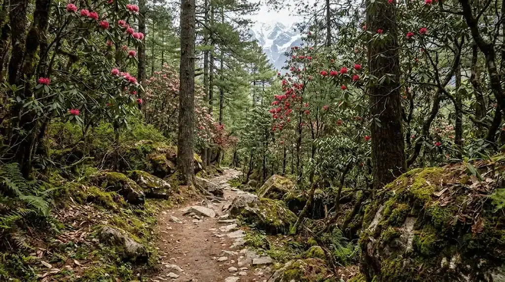 Forest trail inside Langtang National Park on the Langtang Valley Trek