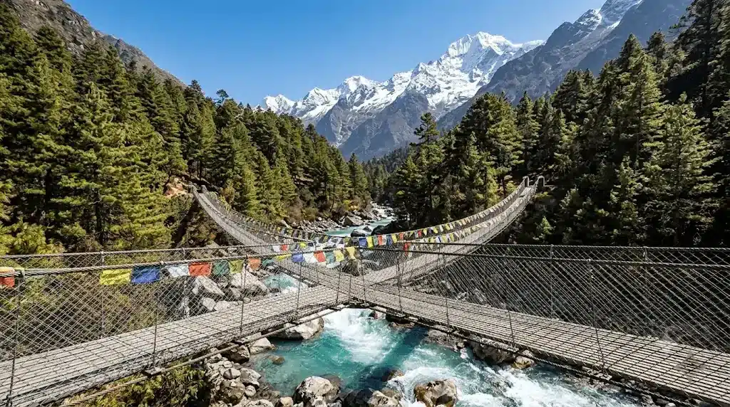Suspension bridge over the Langtang River on the Langtang Valley Trek