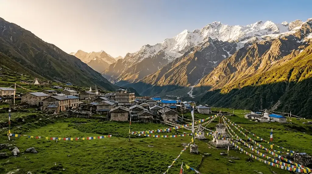 Scenic Langtang Valley with traditional mountain village and Himalayan peaks
