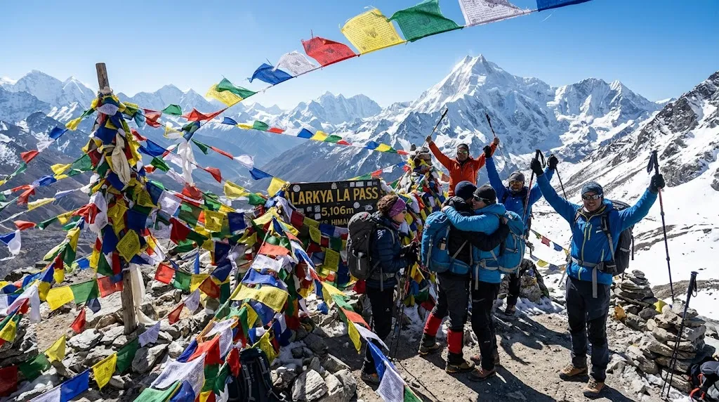 Trekkers crossing Larkya La Pass on the Manaslu Circuit Trek in Nepal
