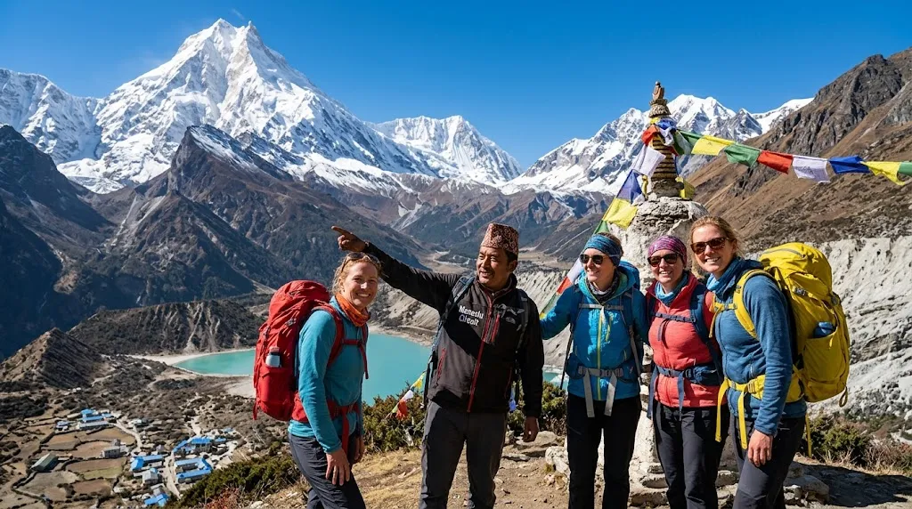 Group of trekkers enjoying breathtaking mountain views on the Manaslu Circuit Trek