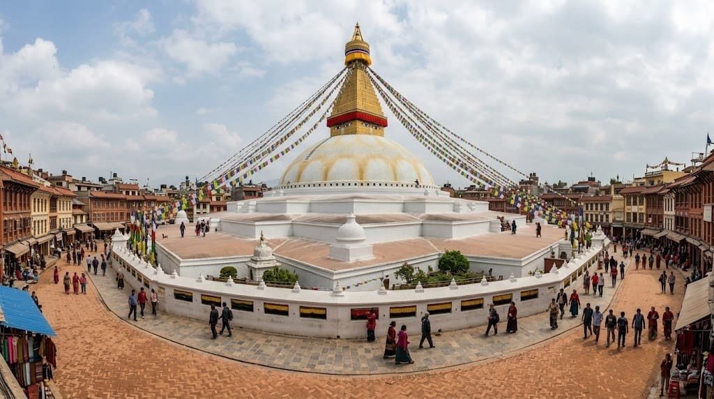 Boudhanath Stupa pilgrims prayer wheels Kathmandu.