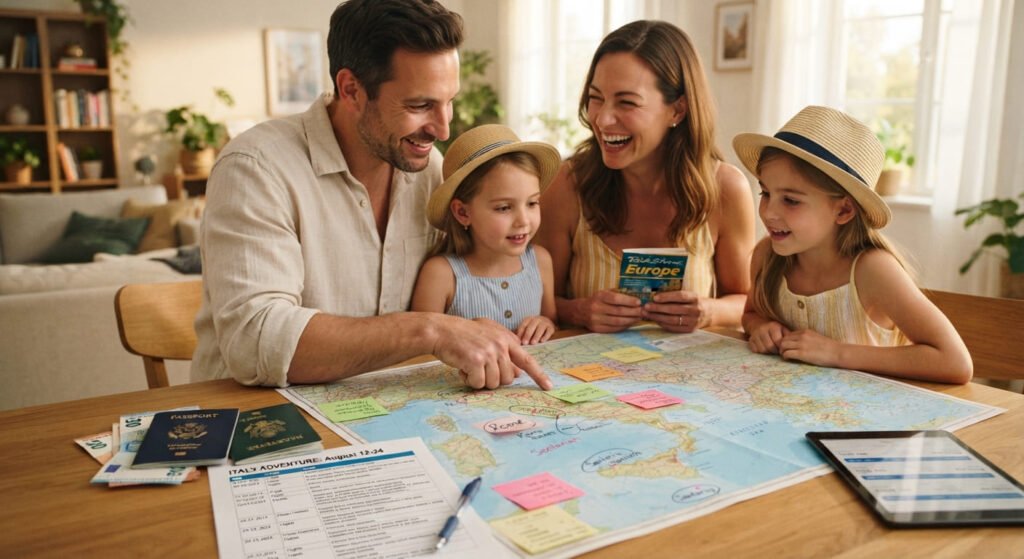 A couple or family planning a holiday with a map, passport, and travel itinerary.