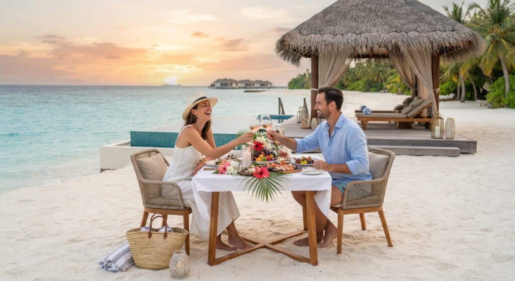 A Romantic couple enjoying a private beach or resort experience.