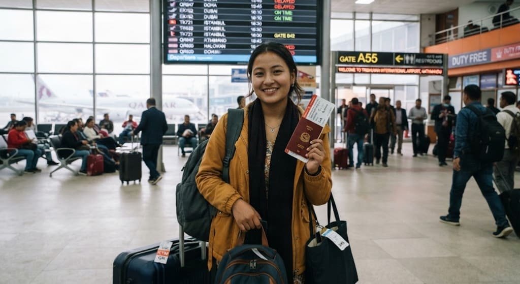 traveler standing at an airport terminal surrounded by luggage, holding her passport and boarding passes with flight status boards in the background.