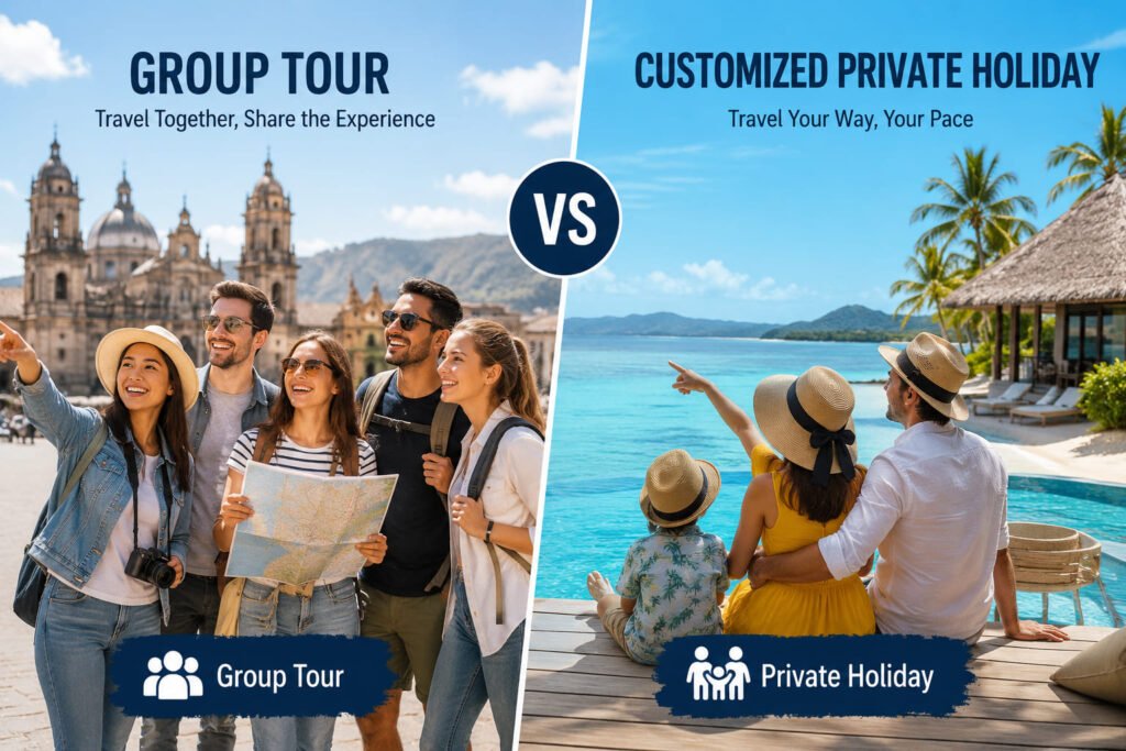 a group of travelers on one side and a couple or family enjoying a private holiday on the other.