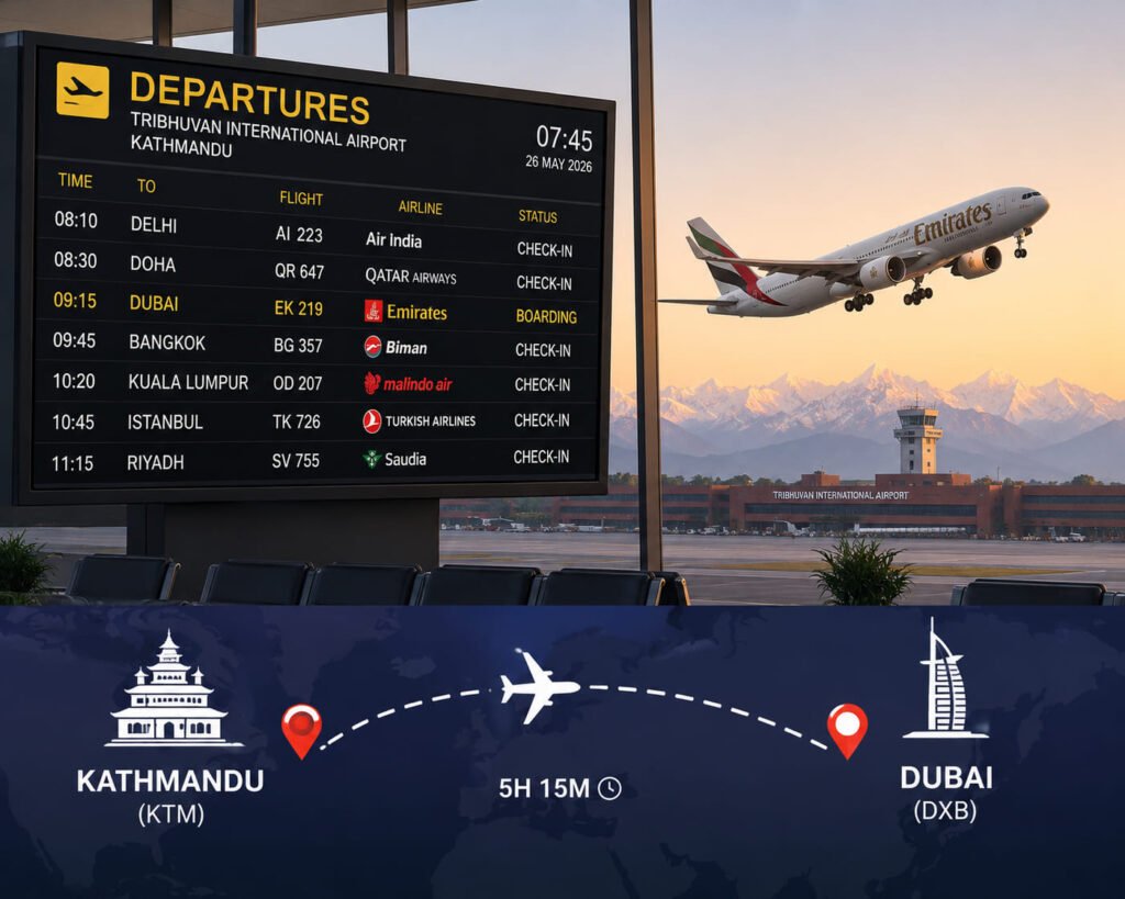 Kathmandu airport departure board with Kathmandu-to-Dubai route