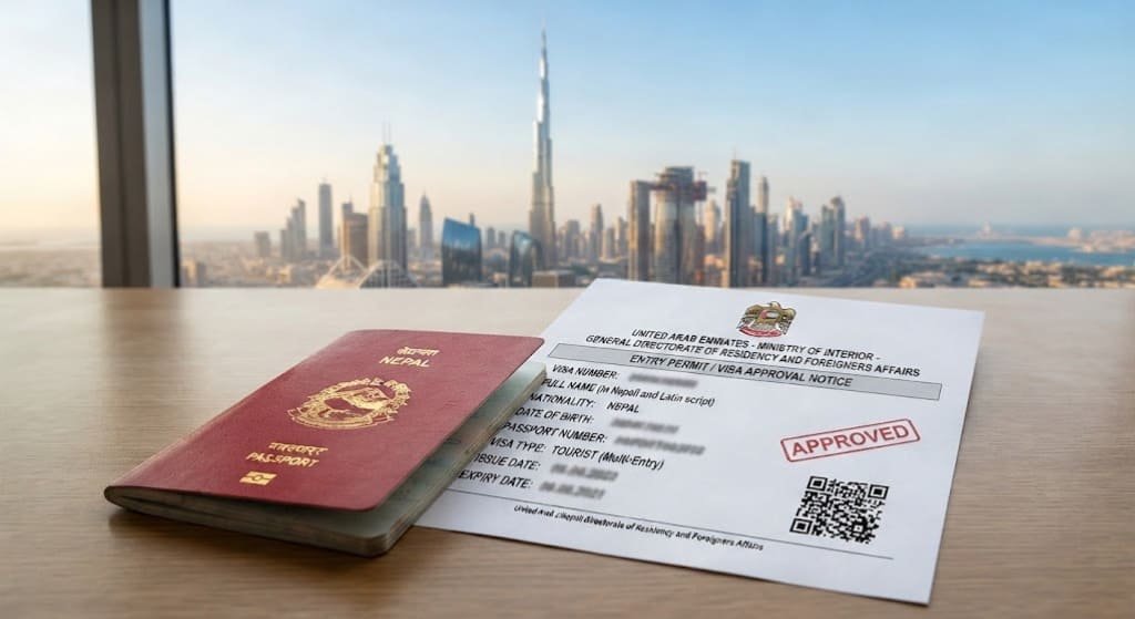 Nepali passport with UAE visa approval document