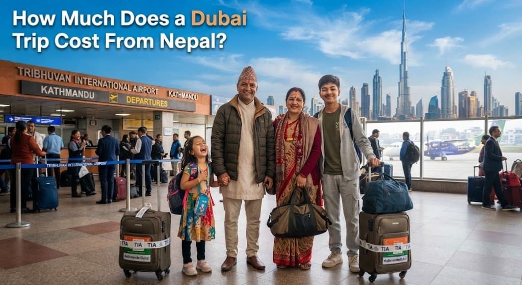 A Nepali family at Tribhuvan International Airport with luggage for Dubai flight