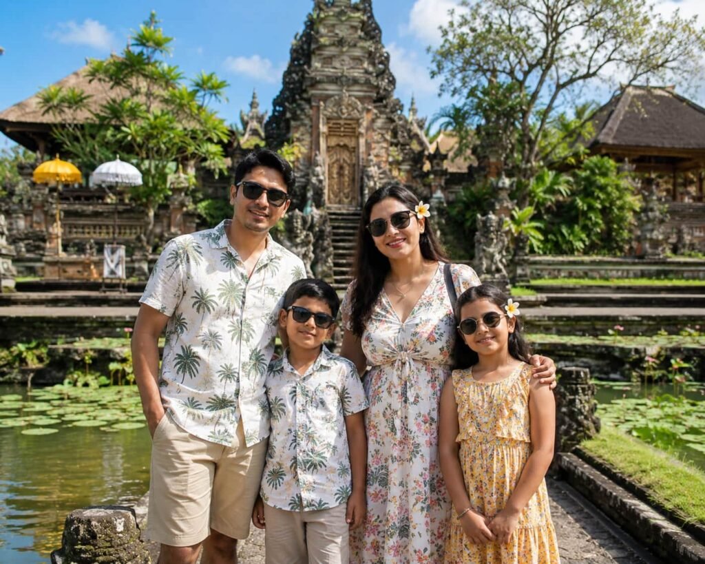 Nepali family enjoying an affordable international tour package at a temple in Bali