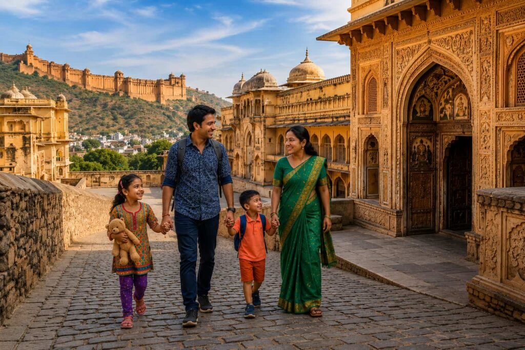 Nepali family on a budget India family tour package walking through Amer Fort in Jaipur