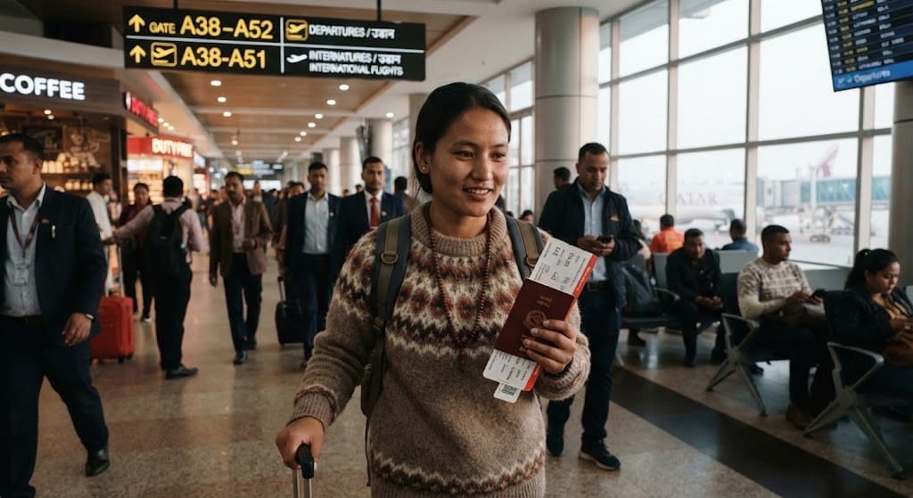 Nepali traveler holding her passport and boarding passes at a busy international airport terminal