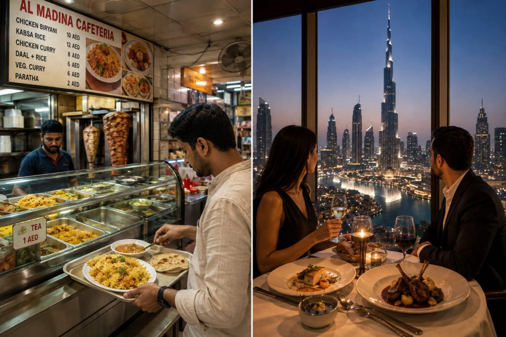 affordable Dubai street food or luxury restaurant at dubai