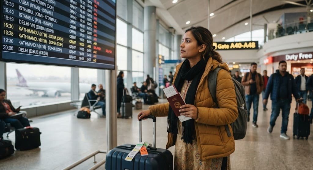 A traveler with a rolling suitcase and backpack looking up at a large digital flight information departure board at a busy airport terminal while holding her passport.