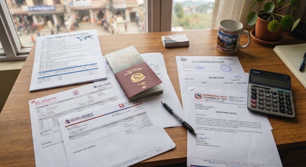 Schengen visa application documents, bank statements, a Nepali passport, a calculator, employment letters