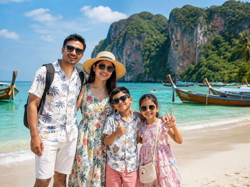 Nepali family posing on a beach during a budget Thailand family tour package from Nepal