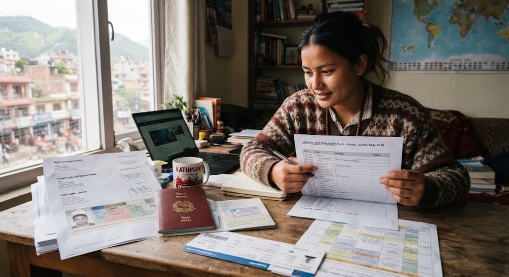 reviewing an Europe trip itinerary and holding a Nepali passport surrounded by travel documents, flight tickets, and a laptop