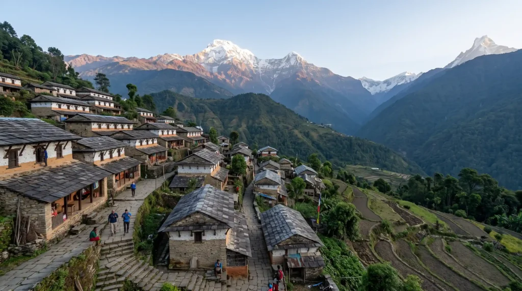 Ghandruk village with traditional Gurung stone houses and Annapurna mountains in Nepal