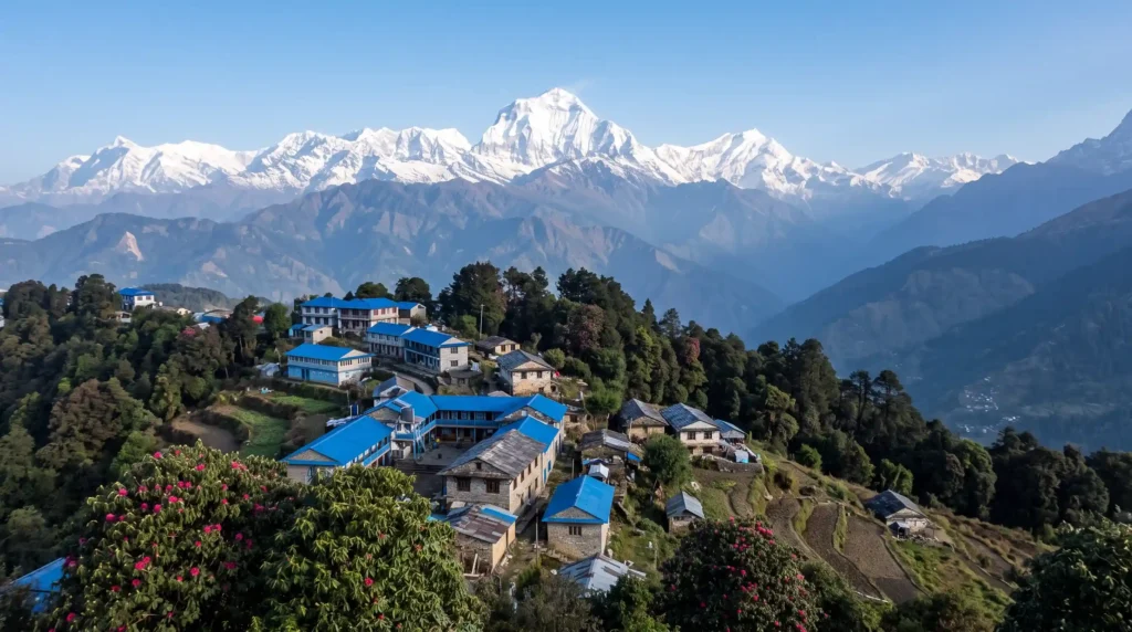 Ghorepani village surrounded by rhododendron forest with Dhaulagiri mountain views, Nepal