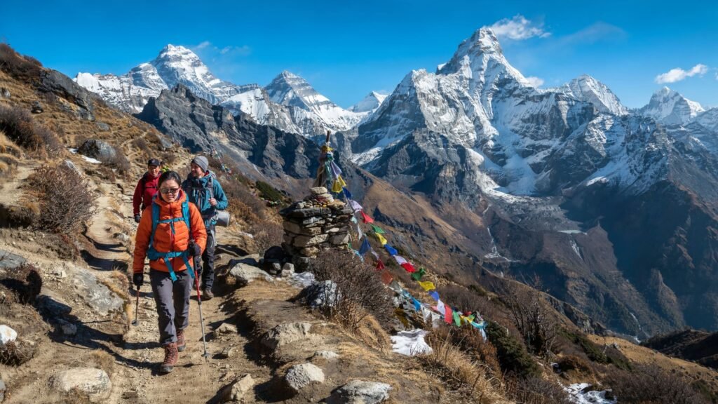 International travelers trekking at high altitude in the Himalayas