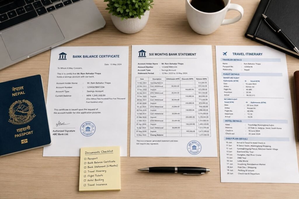 Korea tourist visa bank balance and financial documents from Nepal