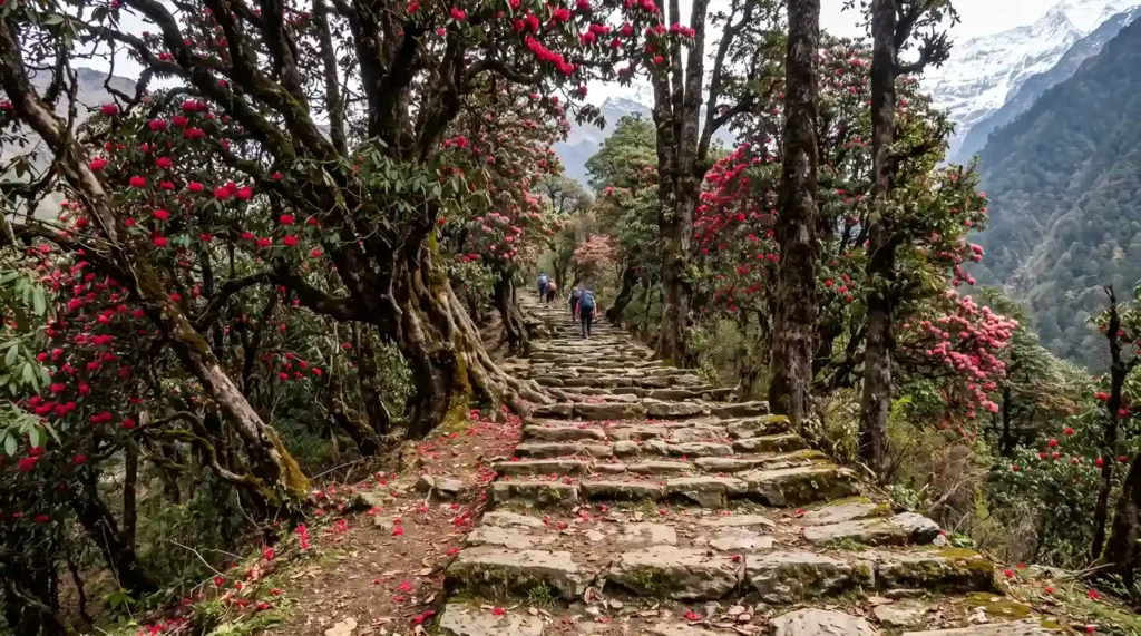 Rhododendron forest and stone steps along the Ghandruk Ghorepani trekking route in Nepal