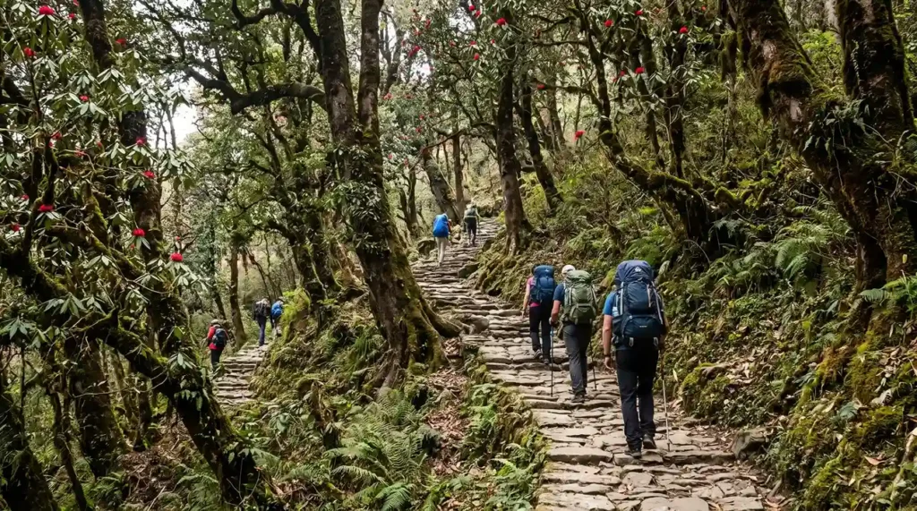 Stone-paved trekking trail through rhododendron forest from Ghandruk to Tadapani, Nepal