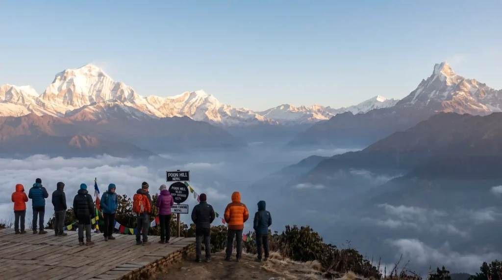 Sunrise over the Annapurna and Dhaulagiri mountain ranges from Poon Hill near Ghorepani, Nepal