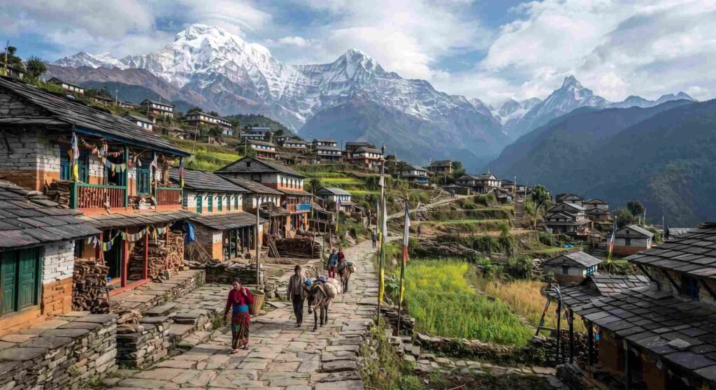 Traditional stone-and-wood houses of Ghandruk village in the Annapurna region of Nepal, with a stone-paved trekking path and a espectacular background view of snow-capped Himalayan peaks.
