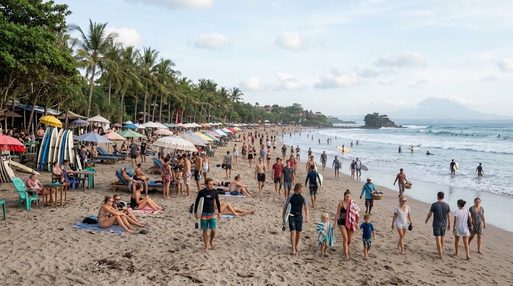 Busy Bali beach during the July and August travel season