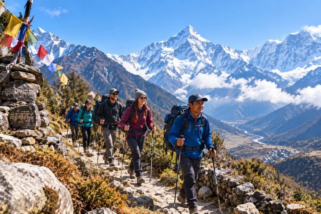 Foreign travelers trekking in the Himalayas of Nepal